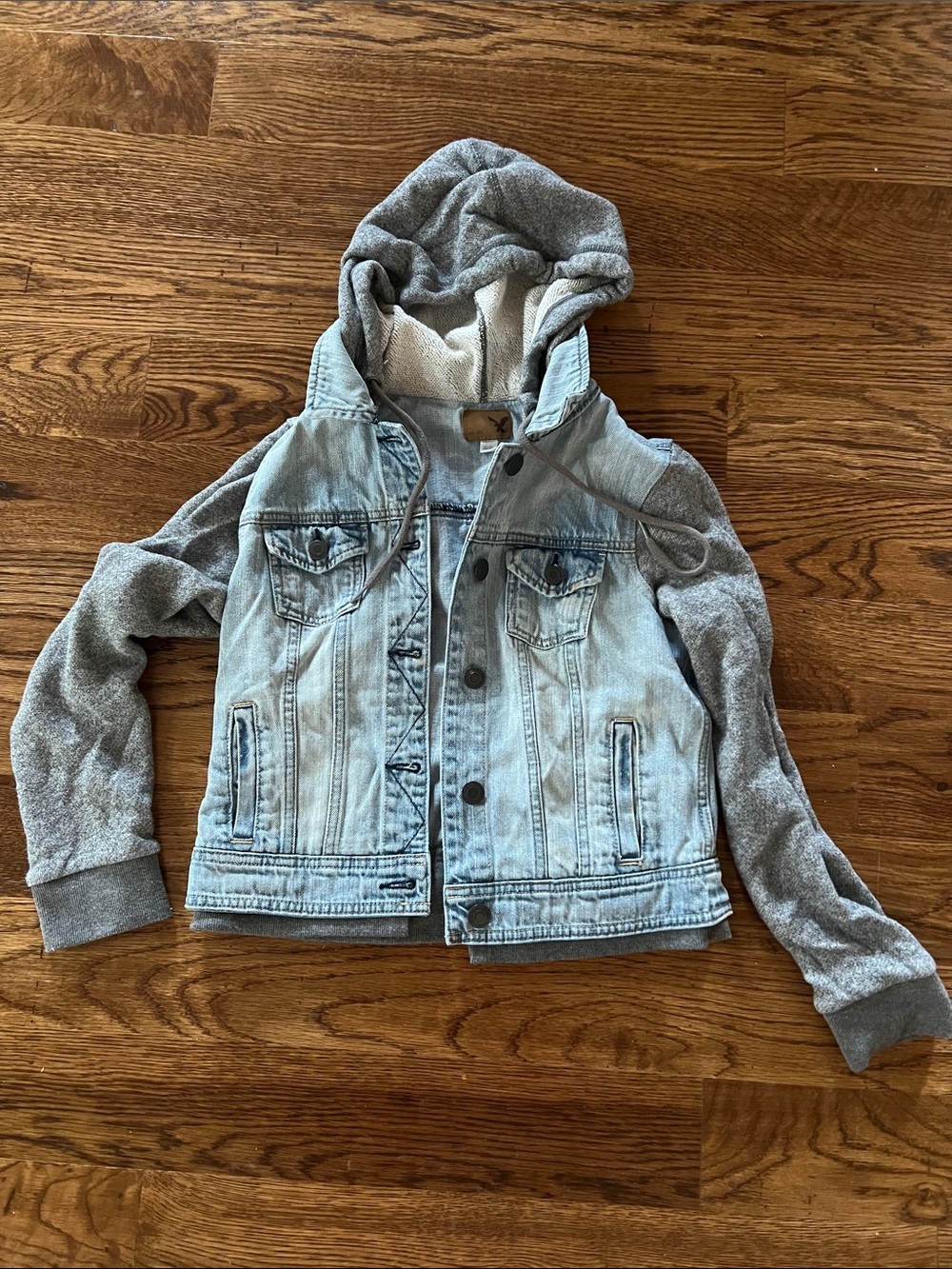 American Eagle Outfitters Light Wash Denim Jacket with Gray Hood & Sleeves
